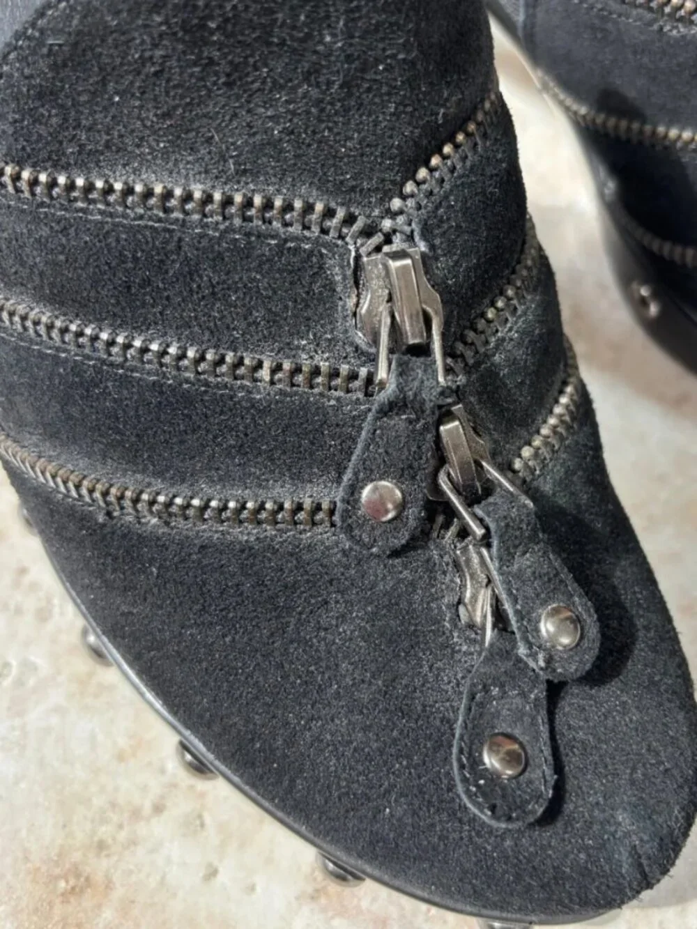 A. Marinelli Black Suede Zipper Clog Mules Edgy Studded Platform Heels Size 8M